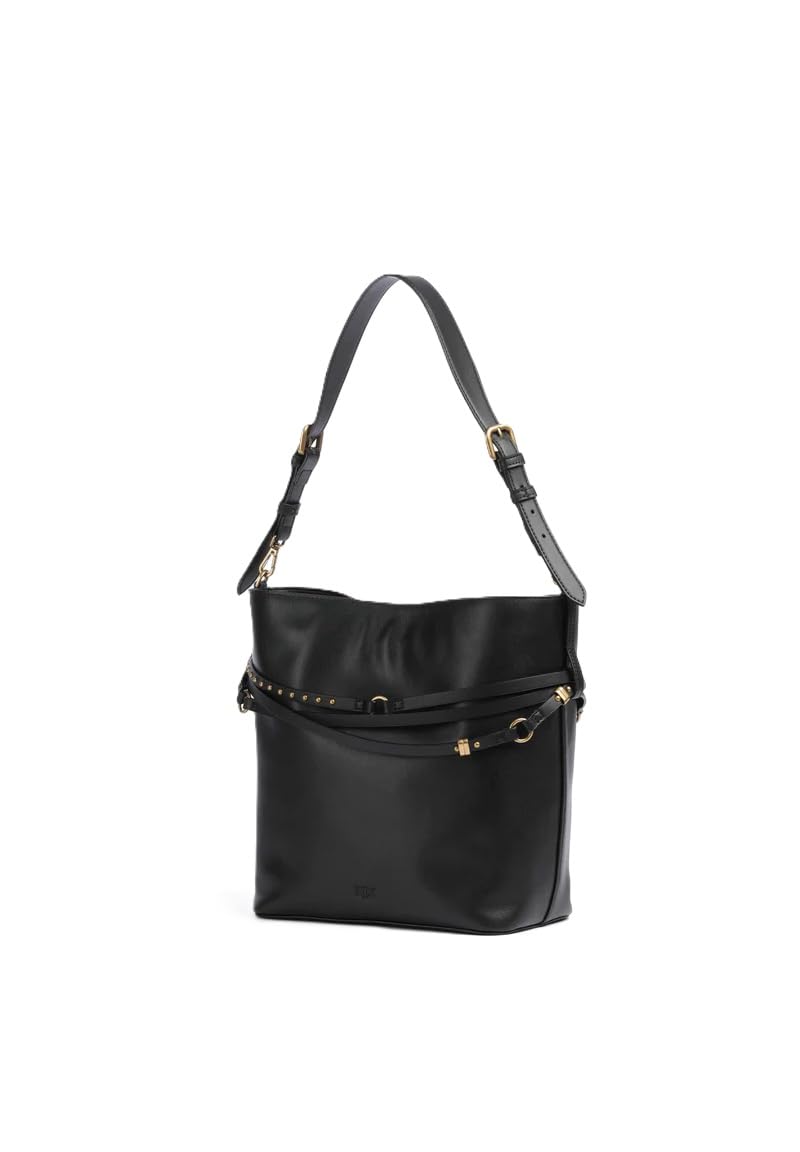 Pinko Bolso de hombro mediano Bucket Belt Bag de piel negra, correa ajustable, cierre con gancho, 33 x 27 x 15 cm