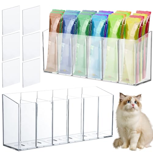BOUTICOL 2 Pack Lickable Cat Treats Organizer, Wall Mount Countertop Acrylic Cat Treats Storage Container with Adhesive Stickers, Wet Cat Treats Holder for Kitchen Cabinet Pantry Shelf