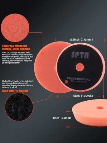 Image of SPTA T40 Orange Medium-Cut Polishing Pads, 1Pc 5.5 Inch Face for 5 Inch 125mm Backing Plate Compound Buffing Sponge Pads for Car Buffer Polisher Compounding, Polishing and Waxing -FPBFS5O