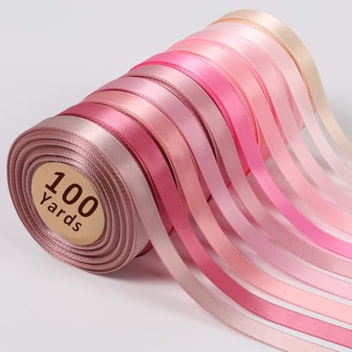 LaRibbons 3/8 Inch 100 Yard Pink Satin Ribbon for Crafts, 10 Yd/Roll 10 Rolls Pink Double Faced Satin Ribbon Pack for Gift, Wedding Party Decoration