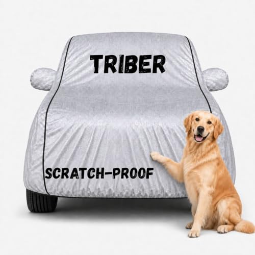Image of Waterproof Car Cover for Triber | Soft Cotton Lining Heavy Duty Triple Stitched Heat Resistant Outdoor Cover Comes with Mirror and Antenna Pocket Full Bottom Elastic (Zig Zag Silver)