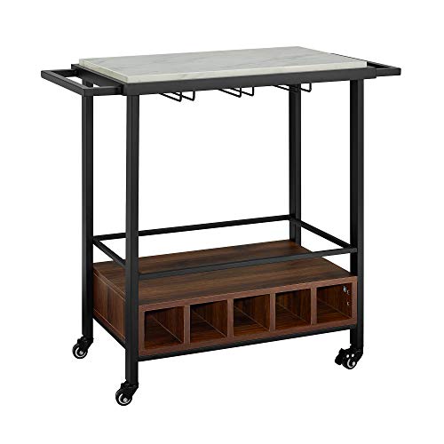 Walker Edison Marble And Wood Bar Serving Cart With Wheels Wine Glass And Bottle Kitchen Storage, 34 Inch, Marble #TOP1