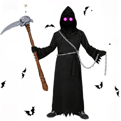 BLmukce Costume du Faucheur pour Enfant avec Hache de la Mort et Gants, Robe Noire à Capuche, Déguisement d'Halloween Garçon pour 5 6 7 8 ans, Fêtes Thématiques, Jeu de Rôle(M)