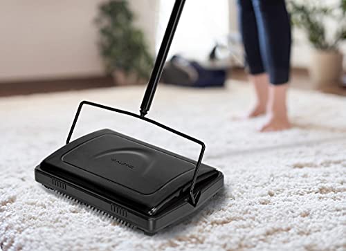 Alpine Industries Triple Brush Floor & Carpet Sweeper – Heavy Duty & Non Electric Multi-Surface Cleaner - Easy Manual Sweeping For Carpeted Floors - Black #TOP6