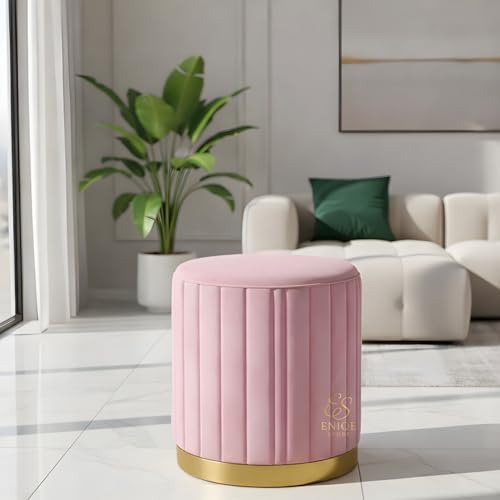 Image of Premium Velvet Round Ottoman Stool with Gold Metal Base - Modern Upholstered Footrest for Living Room, Bedroom & Vanity Seating (Baby Pink)
