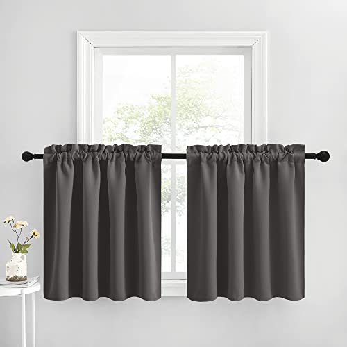 NICETOWN Kitchen Curtains Over Sink, Farmhouse Style Short Curtains for Small Window, 30 Inch Length Adjustable Rod Pocket Grey Blackout Shade for Basement, 2 Panels, 42" W