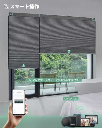 Yoolax 電動 ハニカムスクリーン 充電式 完全遮光 ハニカム構造 断熱 防寒 9チャネルリモコン Alexaに対応 音声操作 スケジュール設定 アップデート仕様 オーダーメイド ハニカムシェード カーボングレー [2]