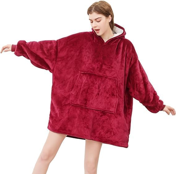 Oversized Hoodie Sweatshirt Blanket, Super Warm Sherpa Giant Hoodie, Wearable Blanket Sweatshirt with Large Front Pocket, for Adults Men Women Kids, Wine Red, One Size