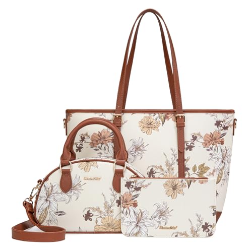 Montana West Purses for Women 3PCS Set Large Work Tote Bag with Crossbody Satchel and Wallet Floral Handbags for Women Laptop Purse Fits 15.6 Inch Laptop Office Business Travel Bag