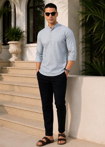 Image of Majestic Man Men's Pure Cotton Solid Mandarin Collar Slim Fit Roll-Up Sleeves Short Kurta Lightweight Summer Kurta for Daily & Occasion Use