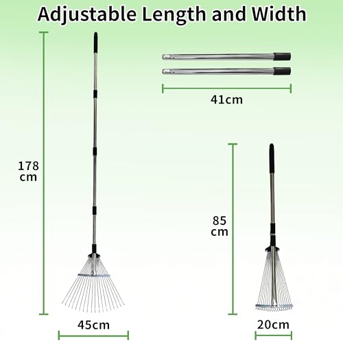 Grabie do liści z trzonkiem 175 cm – 18 zębów – z regulowaną główką (20-45 cm) – Idealne do dużych powierzchni i precyzyjnego czyszczenia pod żywopłotami – Lekkie i wytrzymałe, dla dorosłych i dzieci