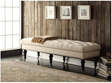 Francesca Entryway Upholstered 62-inch Cream and Off-White Linen and Fabric Tufted Bench with Espresso Legs