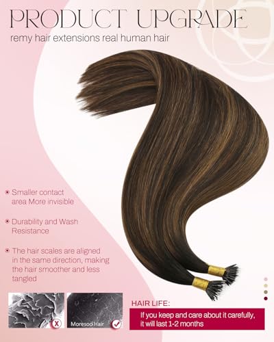 Image of Moresoo Nano Bead Hair Extensions Human Hair, Brown Chestnut Ombre, 24 Inch | 50g 50 strands, extra-long straight length, individual bead placement for summer travel, salon looks and fashion styling