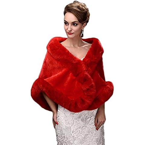 CHITONE Women's Faux Fur Wraps for Evening Dresses Faux fur Shrug fur Cape Stole Red Faux fur Shawl Scarf for Wedding/Party/Show Cover