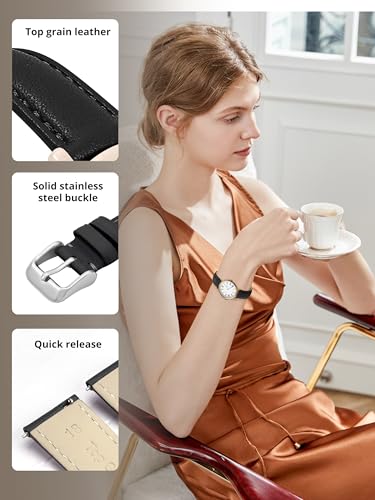 EACHE 12mm Leather Watch Bands for Women Ladies Quick Release Black Leather Watch Band Replacement Strap with Silver Buckle - Thumbnail 3