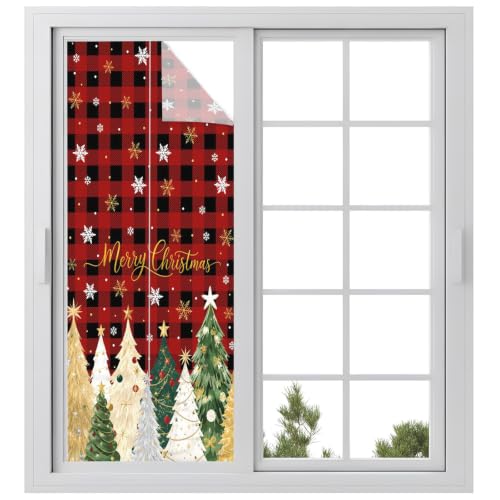 Window Privacy Film, Christmas Trees Stained Glass Films Static Clings, Gold Green Xmas Snowflake Pine Plaid Red Bathroom Privacy Window Stickers, Non Adhesive Decorative Windows Films, 29.5 x 78.7 In