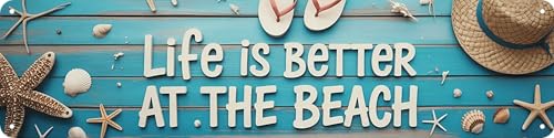 Yanrtrjin Life Better At Beach Metal Sign 4x16in Coastal Plaque for Beach House Patio Wall Decor