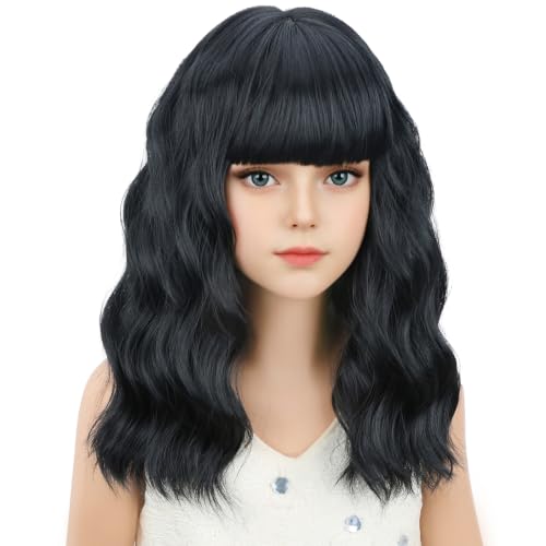 Image of Black Wig Short Black Wavy Curly Bob Wig Black Wig with Bangs Synthetic Wigs for Halloween Party