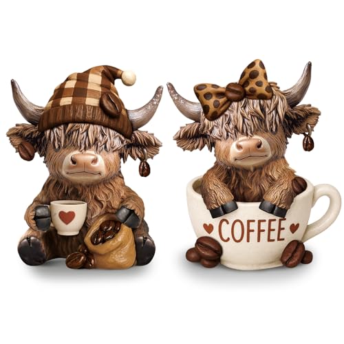 Wesiti 2 Pcs Coffee Highland Cow Figurines Decor,...