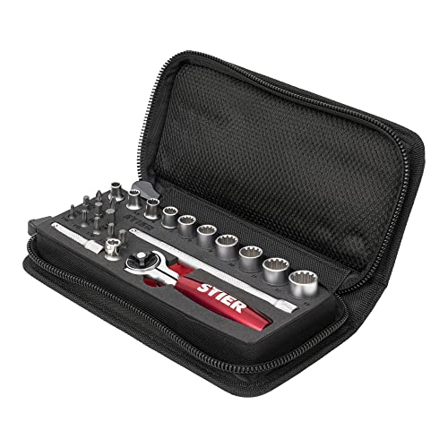 STIER Steckschlüssel- und Bit-Satz, 24-teilig, 1/4 Zoll, Multifunktions-Umschaltknarre, Pozidriv-Bit, Innensechskant-Bit, Torx-Bit, in Handwerkertasche