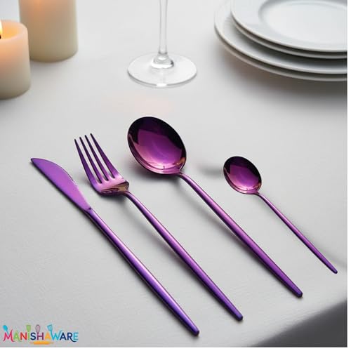 Image of Slim Handle Pink 24 Pcs Stainless Steel Cutlery Set for Dining Table, Dishwasher Safe Glossy Flatware (6 Spoon Set+6 Forks Set+6 Butter Knife+6 Dessert Spoon)