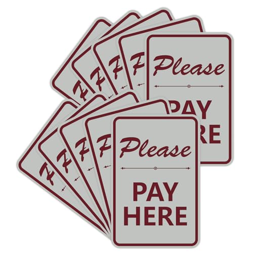 Portrait Round Please Pay Here Sign with Adhesive Tape, Mounts On Any Flat Surface (Light Grey/Burgundy) - Large (10 Pack)