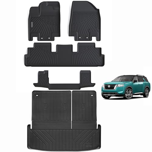 LJWAITO Floor Mats & Trunk Mat & Backrest Mat for 2022-2024 2025 Nissan Pathfinder (Only fit 7 Passenger Models),TPE All Weather Protection Car Floor Liners with Cargo Liner Backrest Accessory