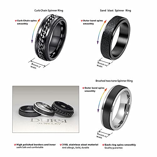 DURIS 3 PCS Black Spinner Rings for Man Women Black Stainless Steel Fedget Worry Ring Set for Anxiety Engagement Wedding Band 6MM / 8MM2