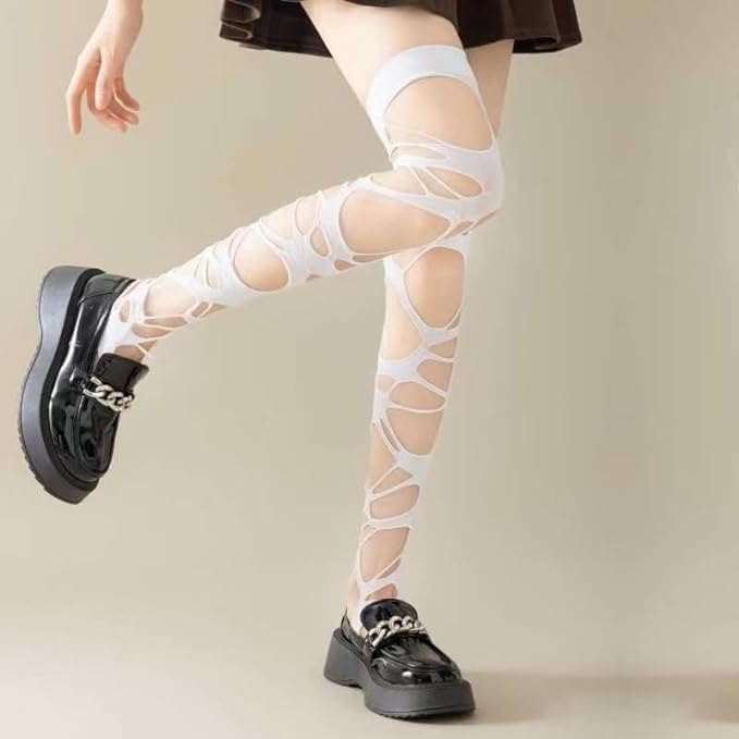 NXITK 2 Pack Goth Tights - Ripped Gothic Tights for Women: White