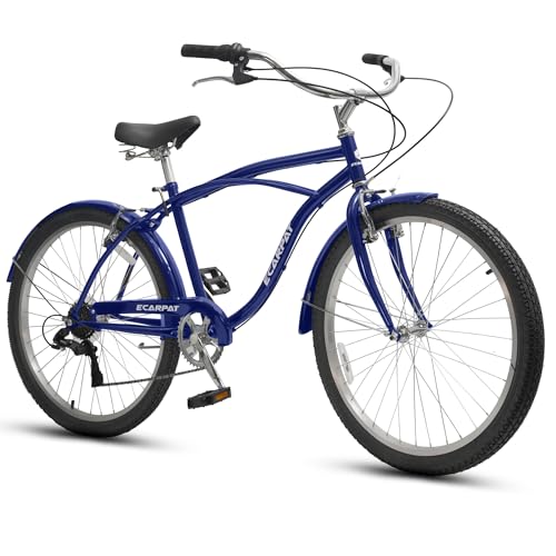 Ecarpat 26 Inch Beach Cruiser Bike for Men, 7 Speed Commuter Bicycle with Dual V-Brakes and...