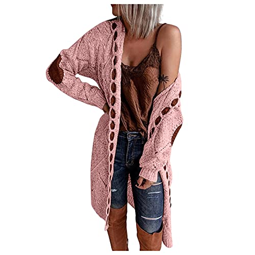 Women Hooded Open Front Cardigan Oversized Elbow Patch Long Sleeve Cable Knit Sweaters Chunky Long Sweater Coats Pink #TOP8