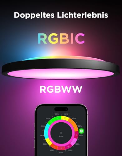 Govee Deckenlampe RGBIC 24W, Smart Led Deckenleuchte Ø30cm Kompatibel mit Matter, Alexa & Google Assistant, Deckenlampe Led Dimmbar mit 16 Millionen DIY Farben, für Schlafzimmer, Wohnzimmer, Schwarz