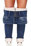 Fleece Lined Jeans Women Thermal Flannel Lined Jeans 3 Buttons Winter Warm Skinny Stretch Denim Pants (Dark Blue, US 14)