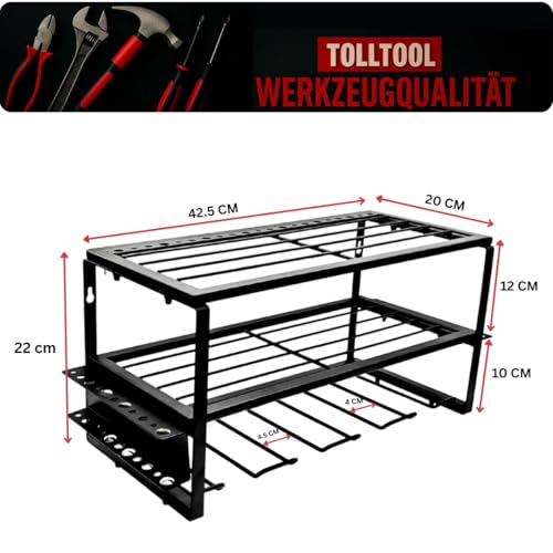 TollTool 3-stöckige Werkzeug-Wandhalterung – Wandregal zur Aufbewahrung von bis zu 4 Elektrowerkzeugen – Werkzeugspeicher für Garage, Werkstatt, Keller – robuster Werkzeug-Organizer aus Metall