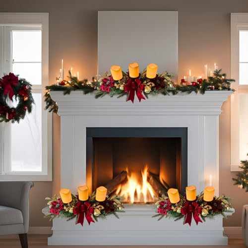 Svndlyn Christmas Candle Holder Christmas Decorations 3 Candle Holders with Red Poinsettia Flowers Decorative Bow Golden Pine Branches Pinecones Berries for Table Centerpiece by Svndlyn - Image 7