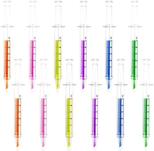 12 Syringe Highlighter Pens Novelty Nurse Injection Marker Pen with Bright Multicolor Fluorescent Ink Lovely Watercolor Pens School Stationery Office Supplies for Student Office Classroom Home