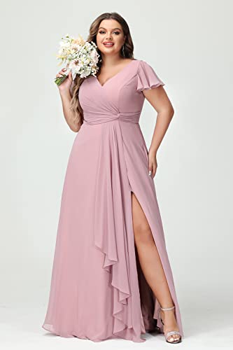 Miao Duo V Neck Long Bridesmaid Dresses With Pockets Plus Size Dusty Sage Flutter Sleeve Formal Dresses With Slit For Wedding Party Dusty Sage 22W #TOP2