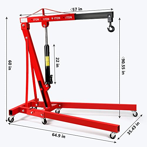 Engine Hoist, 2 Ton (4000lbs) Heavy Duty Folding Hydraulic Engine Crane Hoist Cherry Picker Shop Crane Hoist Lift for Ports, Warehouses, Garage, Factory, 360 Degree Swivel Wheels