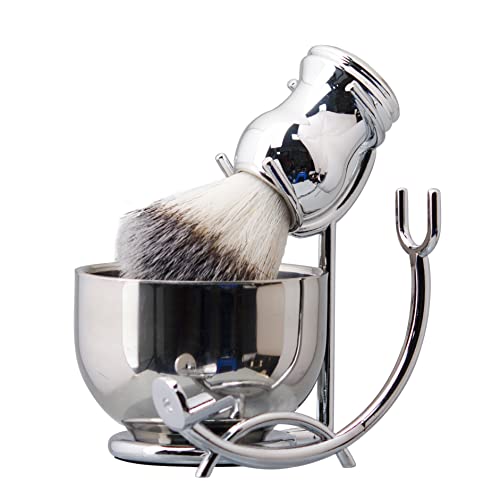 Grandslam Brocha de afeitar 3 en 1 set de afeitado para hombre, brocha de afeitar de pelo sintético puro, soporte para cepillo de afeitar y bandeja de afeitar, regalo para padre, marido, hombres