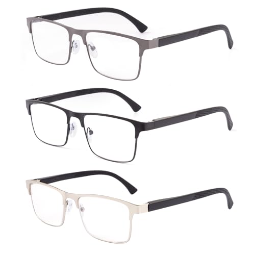 OKH 3er Pack Lesebrille Herren Blaulichtblockierende Federscharniere Lesebrille Metall Computer Anti Glare Lesebrillen Grau+Schwarz+Silber 2.0x