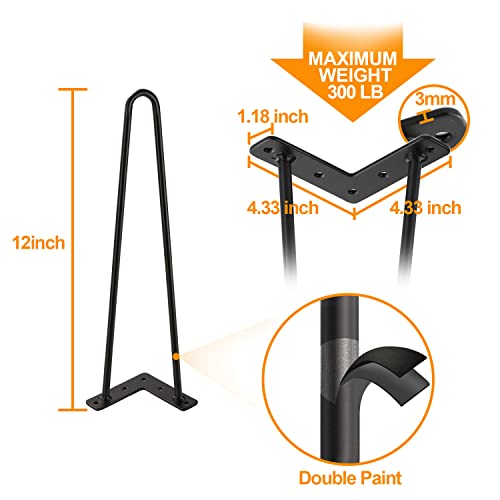 Ironalita 12 Inch Hairpin Legs for Furniture Set of 4, Heavy Duty Industrial Metal Table Legs with 3/8" Black Solid Iron, DIY Hair Pin Legs for Coffee Table, Bench, End Table, with 4 Floor Protectors by Ironalita - Used condition - Image 3