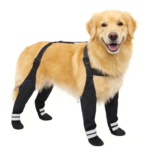 Dog Suspender Boots for Large Dogs Waterproof & Non-Slip Dog Paw Protectors with Adjustable Straps & Reflective Strips All-in-One Connected Dog Boots for Outdoor Walks Snow Rain Hiking (XL)
