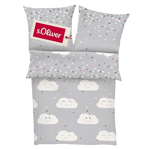s.Oliver Bettwäsche Wolke 100x135 cm - Kinderbettwäsche grau 100% Baumwolle, Wölkchen und Sterne, Babybettwäsche 2 teiliges Set aus Deckenbezug 135x100cm und Kissenhülle 40x60cm, Reißverschluss