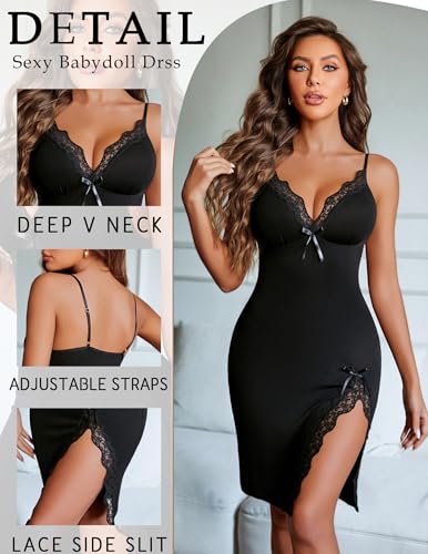 Avidlove Lingerie for Women Sexy Lace Nightgowns Side Slit Sleepwear V Neck Babydoll Chemise2