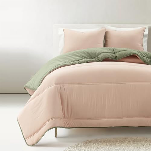 Lush Decor Oslo Soft Reversible Quilted Comforter Set, 3 Piece Set, Full/Queen, Coral & Sage - Soft Bedding Set - Green & Pink Comforter - Dorm Decor - Queen Quilt - Minimalist & Modern Bedroom Decor