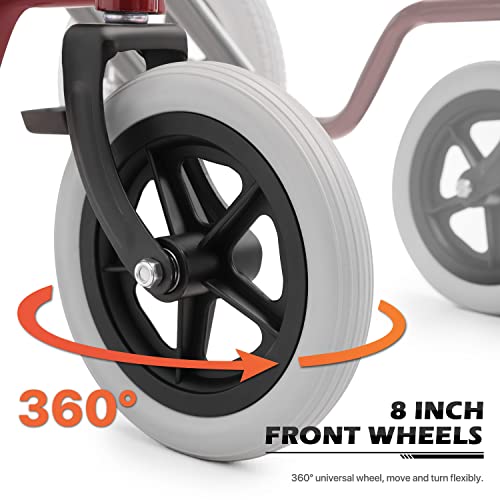 Monibloom Folding Transport Wheelchair With Full Arms And Removable Swing-Away Footrest For Adults Lightweight Foldable 17 Inch Wide Seat Wheel Chair For Compact Storage, 300 Lbs Capacity, Red #TOP7