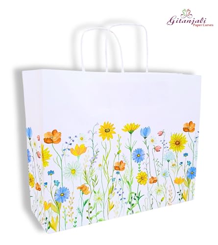 Image of Gitanjali Paper Curves Gift Bags- 5pcs 15.5x12x4.5 inch Floral Design Large Paper Bags with Handle, Return Gift Bag, Party Favor Goodie Treat Bag, Paper Carry Bags, Disposable Paper covers (Large-Floral, Pack of 5)