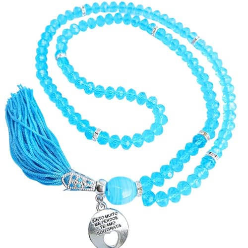 Japamala 108 contas em Cristal Rosa e Pingente Ho'oponopono (Azul Claro Translúcido)