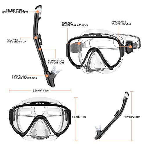 Foto von Arlierss Schnorchelset Erwachsene, Schnorchelset mit Anti-Fog Taucherbrille und Trocken Schnorchel,Taucherbrille Erwachsene mit Linse Gehärtetem Glas zum Schnorcheln, Schwimmen und Tauchen -Schwarz
