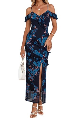 GERT COREL Women's Cold Shoulder Boho Long Maxi Dress, Navy Blue, Medium